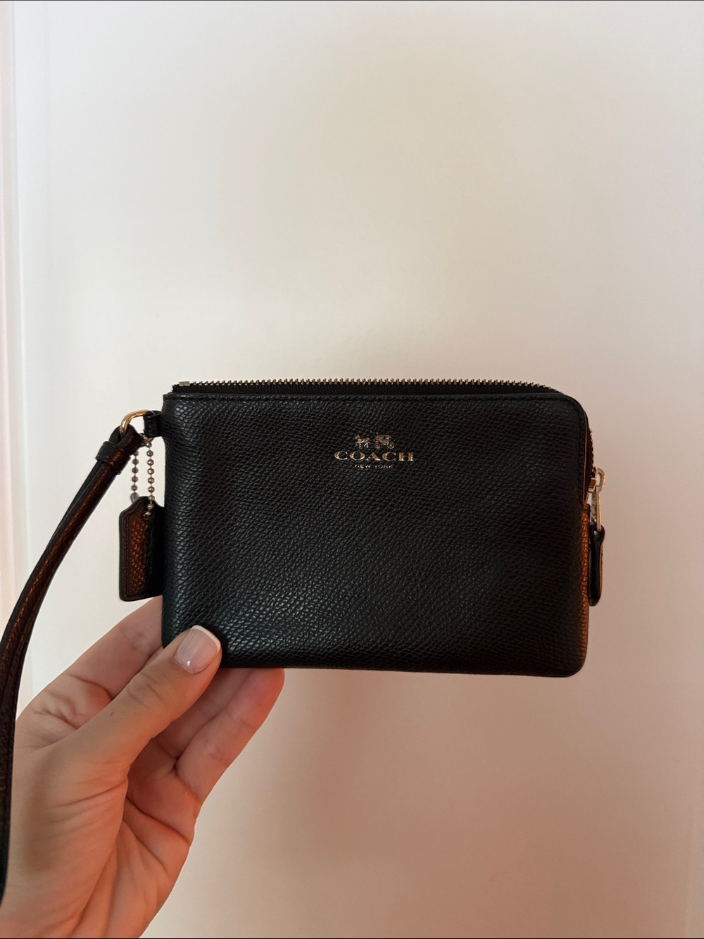 Coach Black Pebbled Leather Wristlet with Gold Hardware